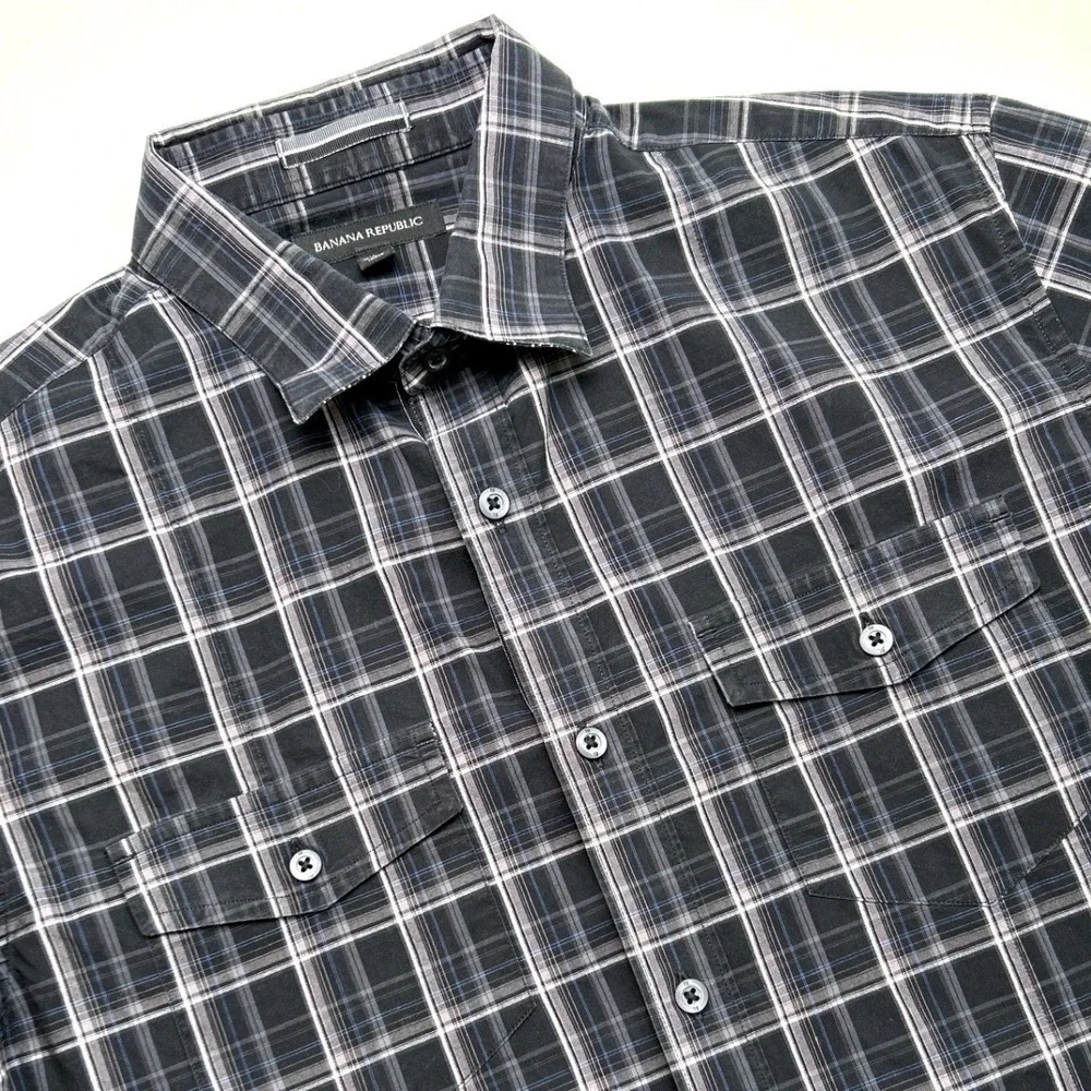 Banana Republic Mens Short Sleeve Plaid Button Down Shirt Black Size L Stretch